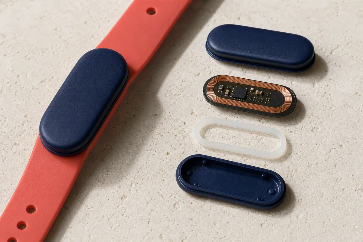 Physical exploded construction of a sealed RFID wristband module beside a coral silicone strap