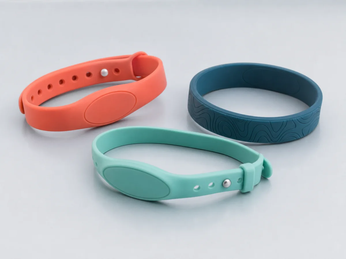 Three slim silicone RFID resort wristbands in coral, blue and turquoise
