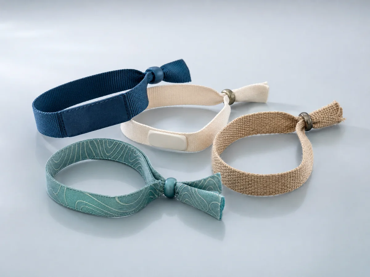 Four woven and natural-fibre RFID resort wristbands