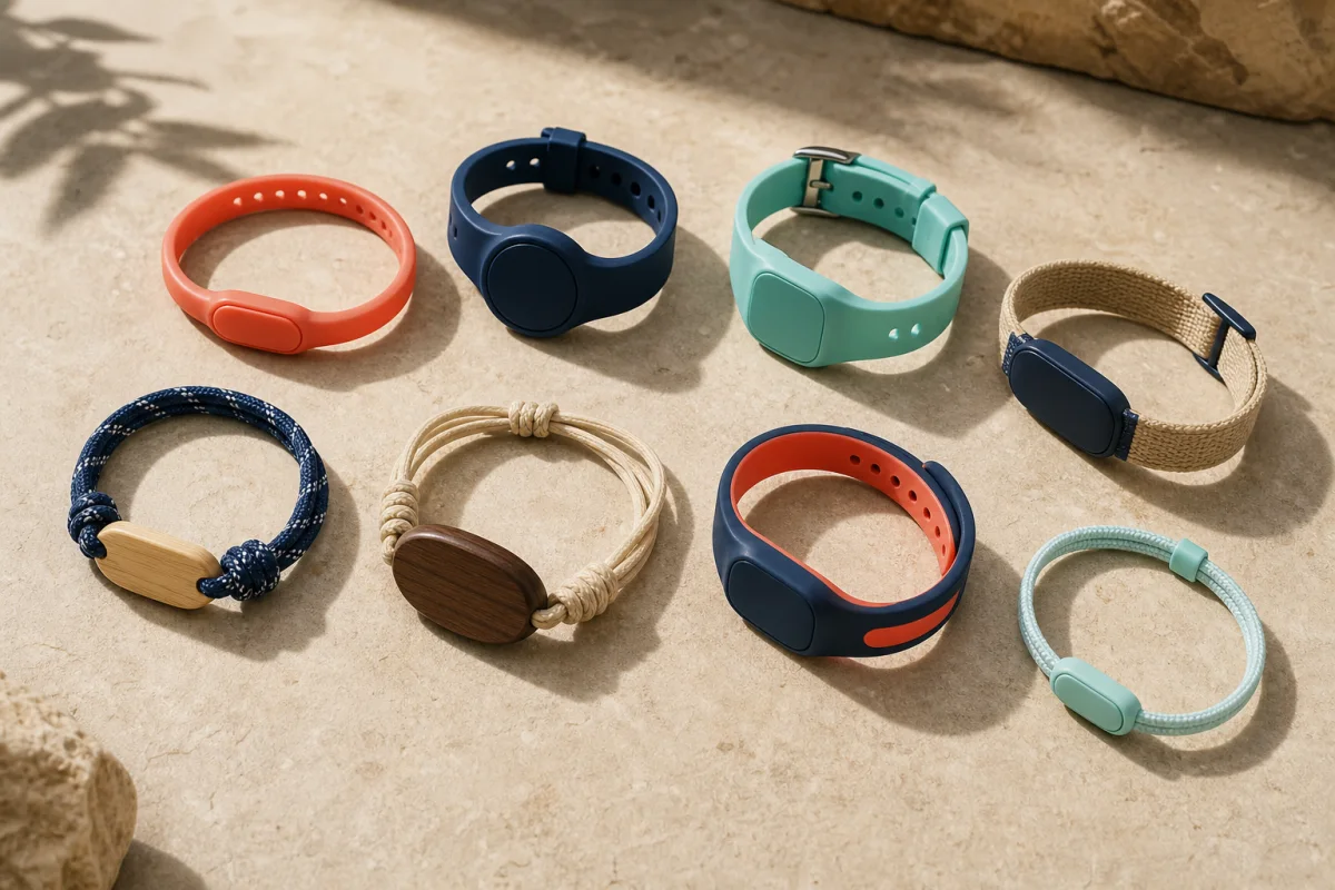 Eight distinct unbranded RFID resort wristband models arranged on warm stone